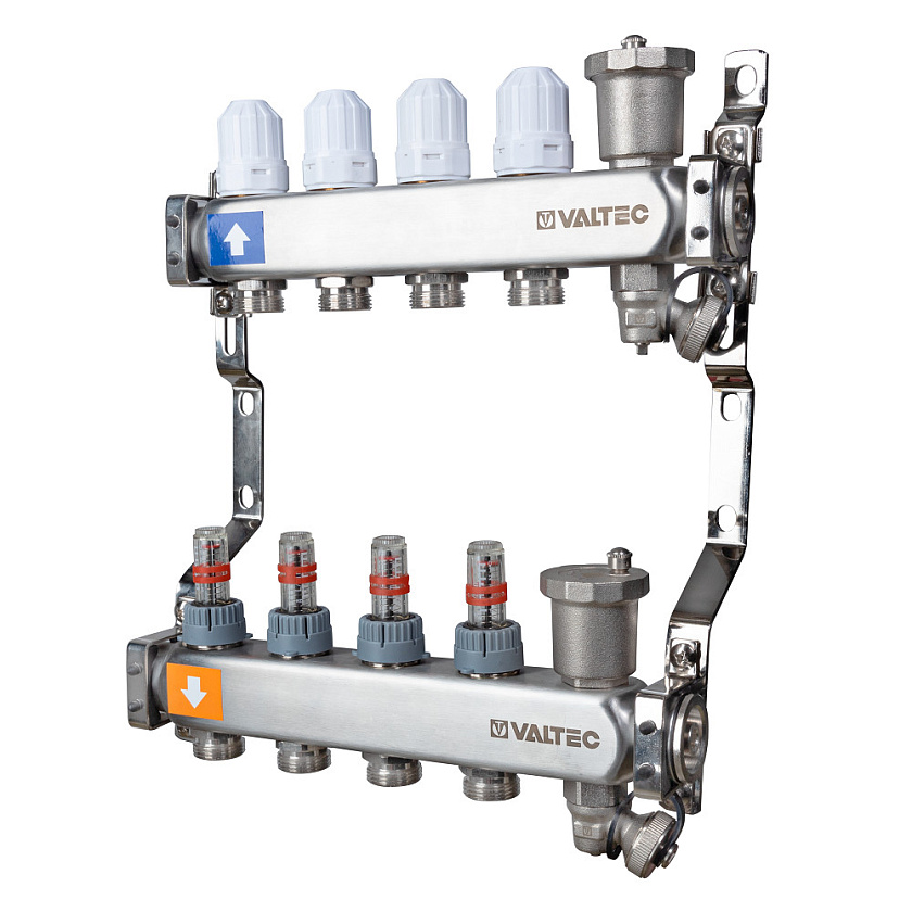 Коллекторная группа 1" х 10 выходов из нержавеющей стали, с расходомерами, евроконус 3/4"  