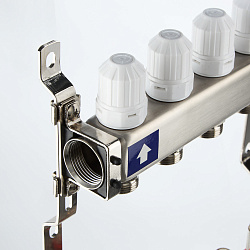 Коллекторная группа 1"х4 выходов из нержавеющей стали, с расходомерами, без сервисных групп, евроконус 3/4" 