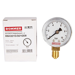 Манометр 1/4" 10 бар Ду 50 нижнее подключение ROMMER