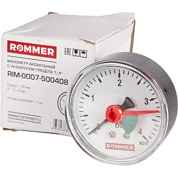 Манометр 1/4" 4 бар Ду 50 заднее подключение с указателем предела ROMMER Манометр 1/4" 4 бар Ду 50 заднее подключение с указателем предела ROMMER