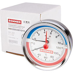 Термоманометр 1/2" 10 бар Ду80 120С заднее подключение с запорным клапаном ROMMER