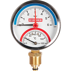Термоманометр 1/2" 6 бар Ду80 120С нижнее подключение с запорным клапаном ROMMER