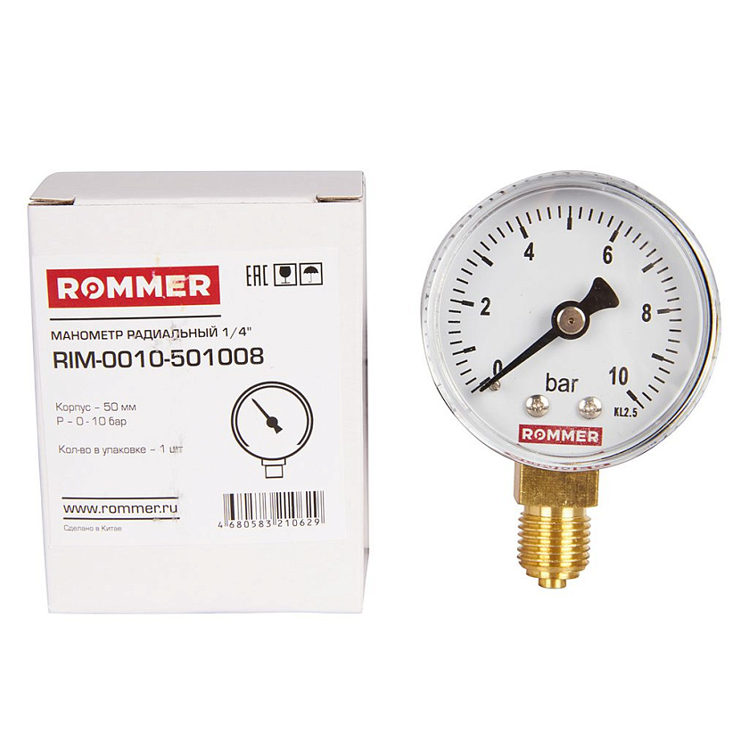 Манометр 1/4" 10 бар Ду 50 нижнее подключение ROMMER