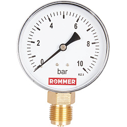 Манометр 1/2" 10 бар Ду 80 нижнее подключение ROMMER Манометр 1/2" 10 бар Ду 80 нижнее подключение ROMMER