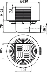 Трап 105/105/50 гориз с нерж решеткой дизайн и гидрозатвором мокрым ALCAPLAST  