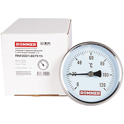 Термометр бим. 1/2"  Ду80 120С с погружной гильзой 75мм ROMMER
