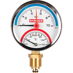 Термоманометр 1/2" 10 бар Ду80 120С нижнее подключение с запорным клапаном ROMMER
