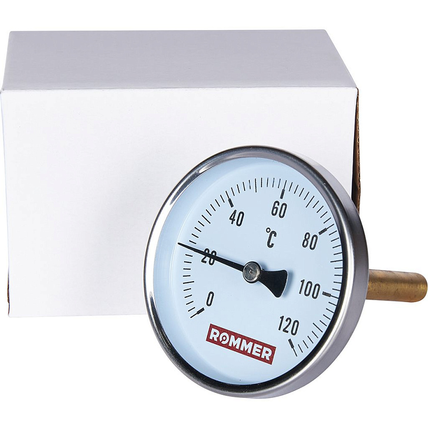 Термометр бим. 1/2"  Ду80 120С с погружной гильзой 100мм ROMMER