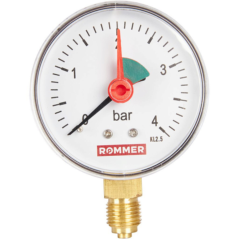 Манометр 1/4" 4 бар Ду 63 нижнее подключение с указателем предела ROMMER