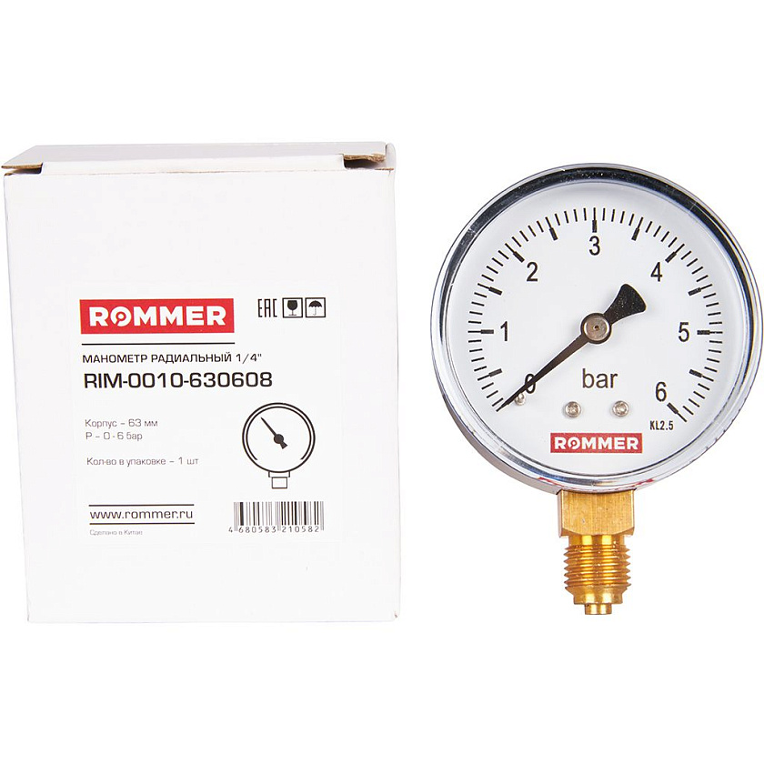 Манометр 1/4" 6 бар Ду 63 нижнее подключение ROMMER