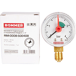 Манометр 1/4" 4 бар Ду 50 нижнее подключение с указателем предела ROMMER