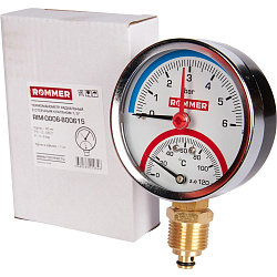 Термоманометр 1/2" 6 бар Ду80 120С нижнее подключение с запорным клапаном ROMMER
