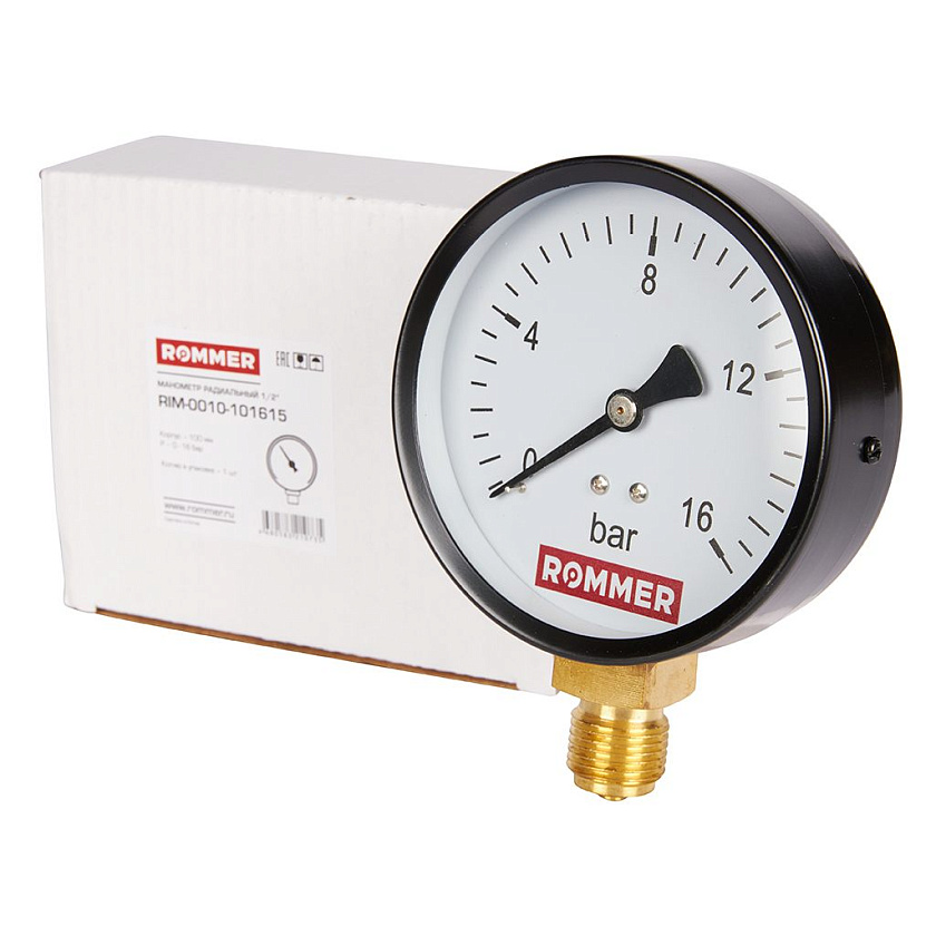 Манометр 1/2" 16 бар Ду 100 нижнее подключение ROMMER
