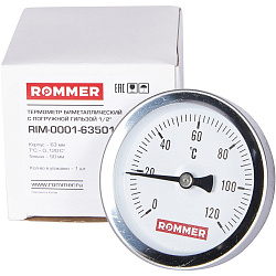 Термометр бим. 1/2"  Ду63 120С с погружной гильзой 50мм ROMMER Термометр бим. 1/2"  Ду63 120С с погружной гильзой 50мм ROMMER