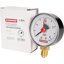 Манометр 1/4" 4 бар Ду 63 нижнее подключение с указателем предела ROMMER