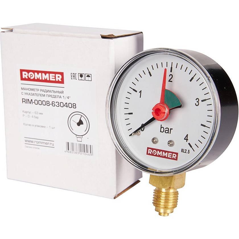 Манометр 1/4" 4 бар Ду 63 нижнее подключение с указателем предела ROMMER