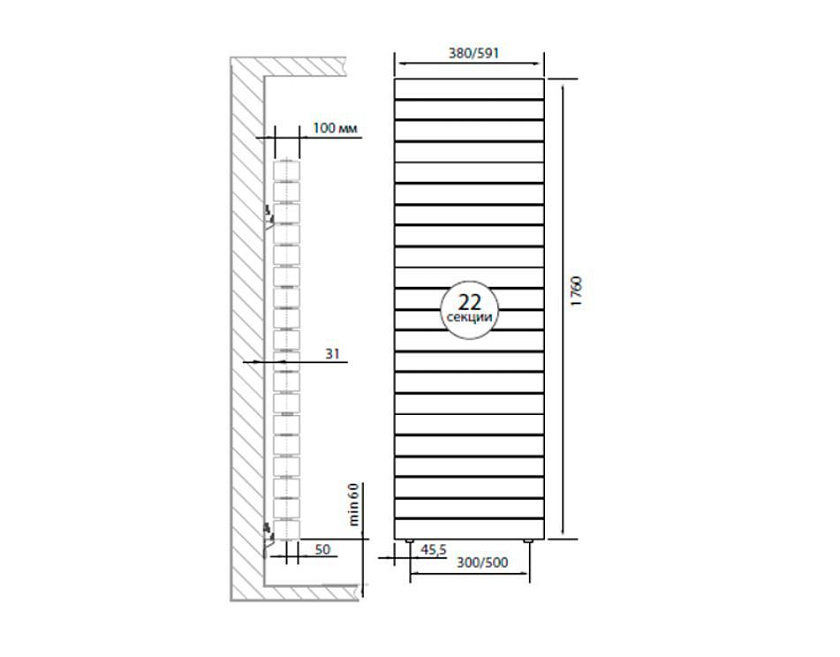 Радиатор биметалл PIANOFORTE TOWER/Bianco Traffico 500/22 секц.